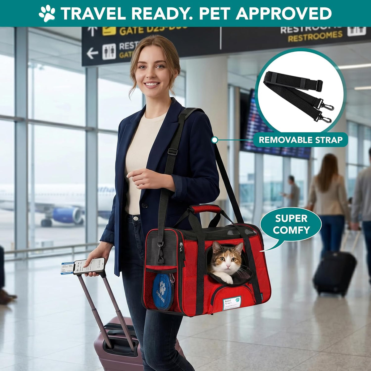 Red soft-sided travel pet carrier, view 5 of 7