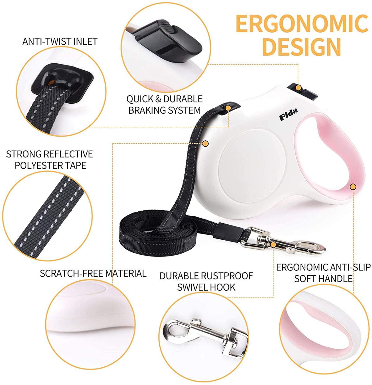 White and pink retractable dog leash - features