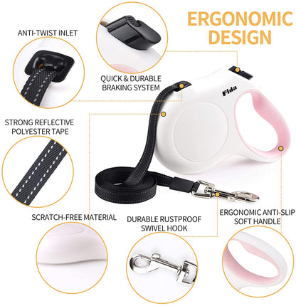 White and pink retractable dog leash - features
