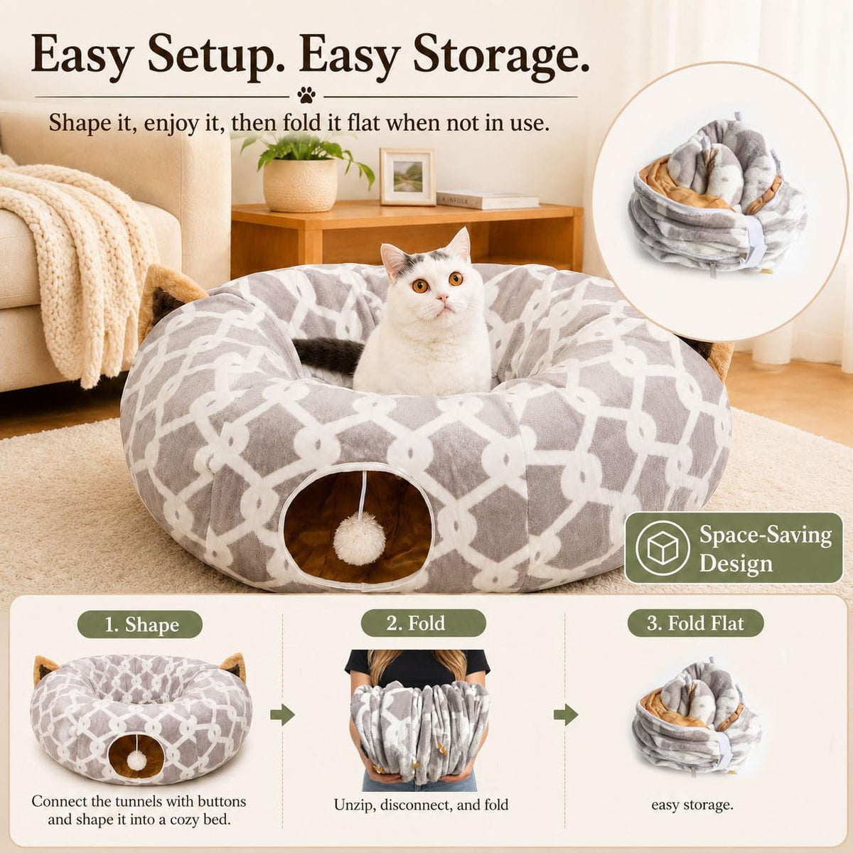 Gray plush cat tunnel bed with toy balls, view 6 of 6