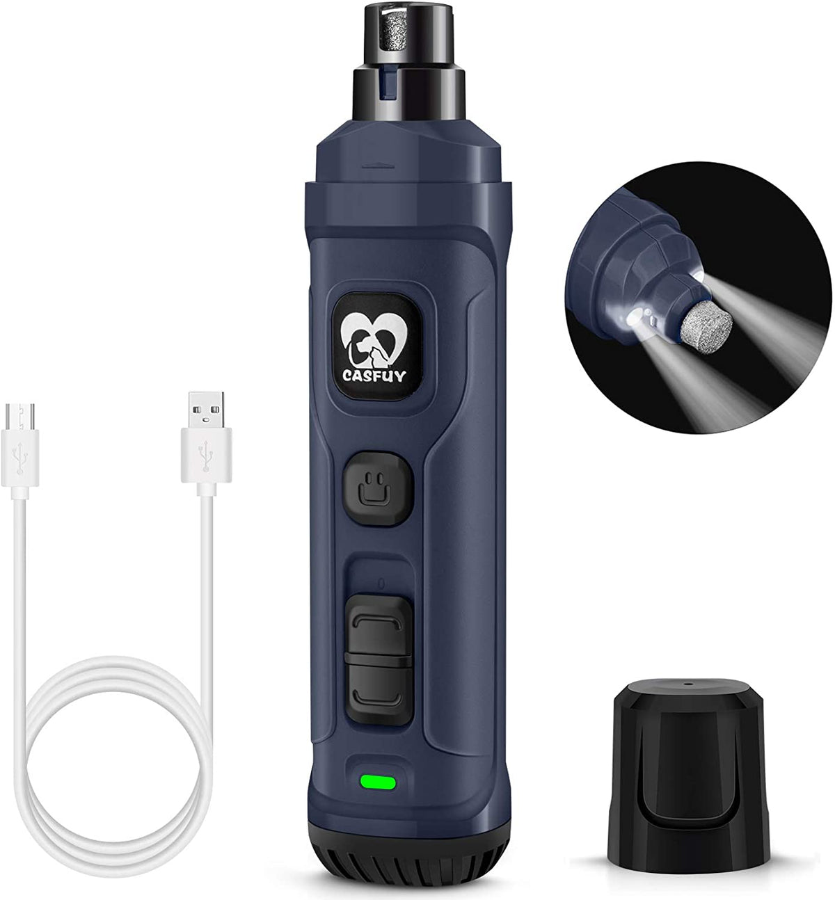 Blue dog nail grinder with LED lights and charging cable
