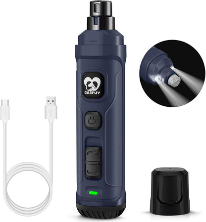 Blue dog nail grinder with LED lights and charging cable