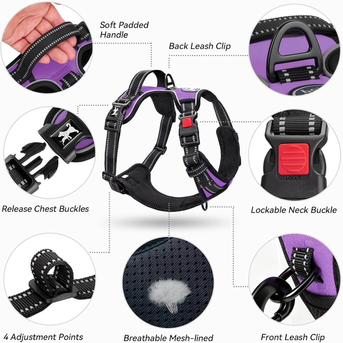 Purple no-pull dog harness with front clip, view 8 of 8