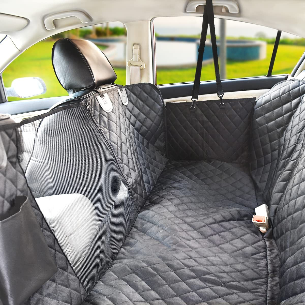 Black quilted waterproof back seat cover for dogs, view 7 of 8