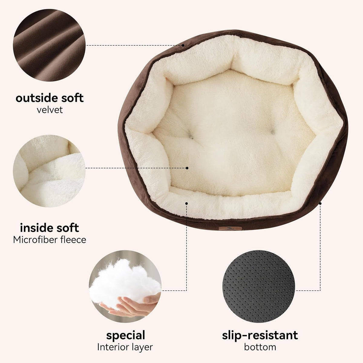Brown small round pet bed, view 3 of 8
