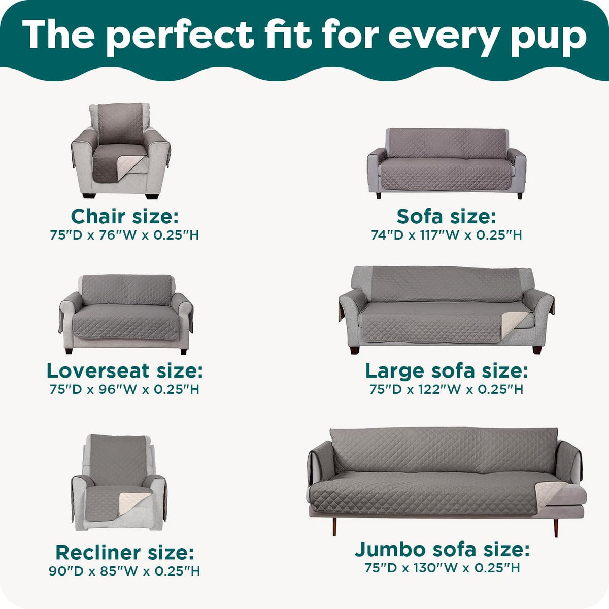 Gray reversible water-resistant sofa cover for pets - size guide