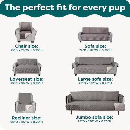 Gray reversible water-resistant sofa cover for pets - size guide