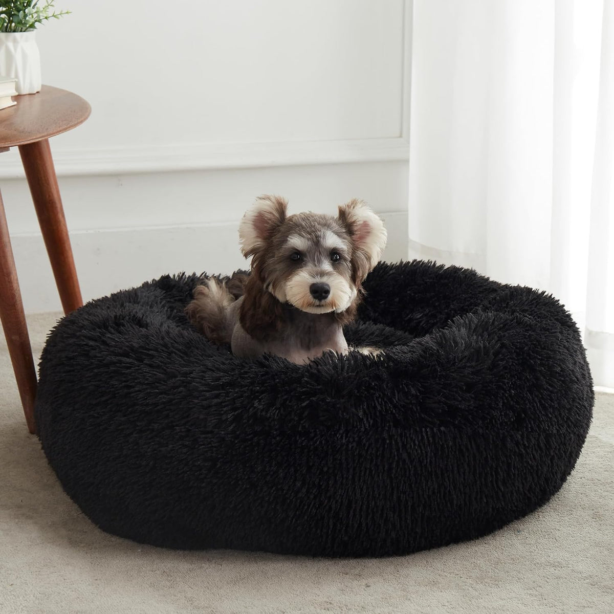 Black faux fur calming donut bed with a small dog