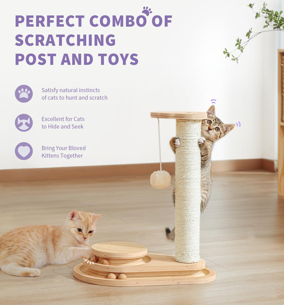 Sisal cat scratching post with ball track, view 2 of 9