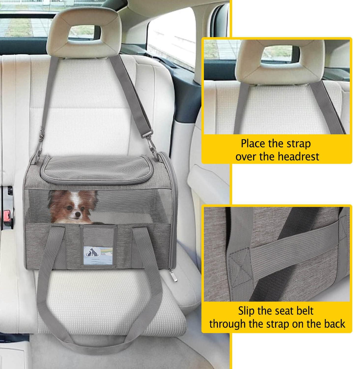 Gray large soft-sided cat carrier - secured with car seat belt
