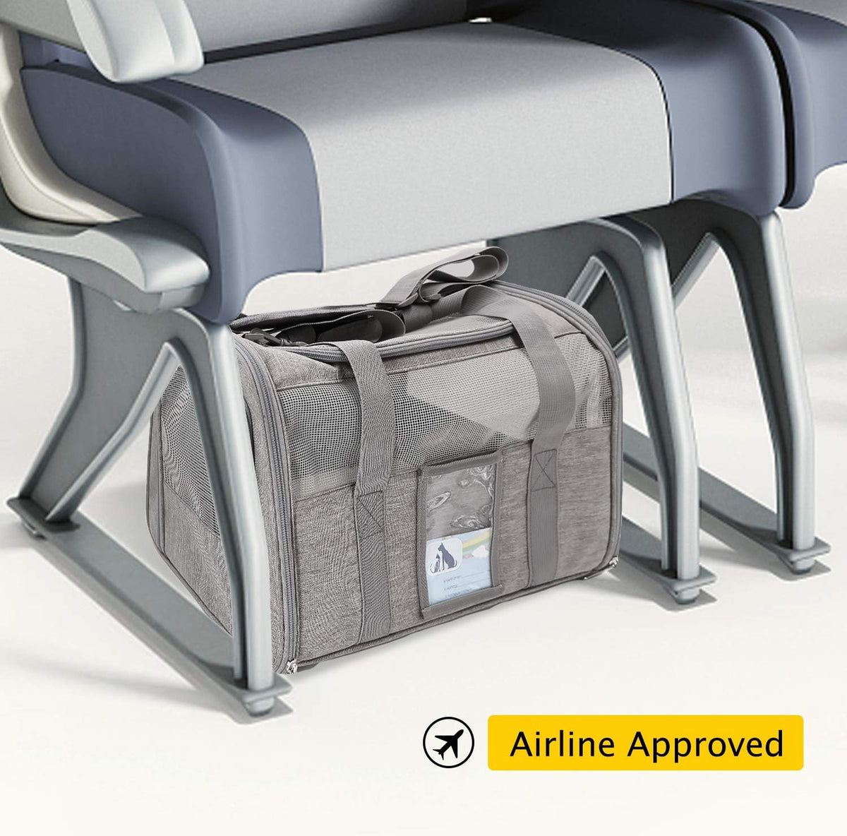 Gray large soft-sided cat carrier - under an airplane seat