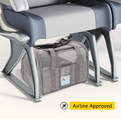 Gray large soft-sided cat carrier - under an airplane seat