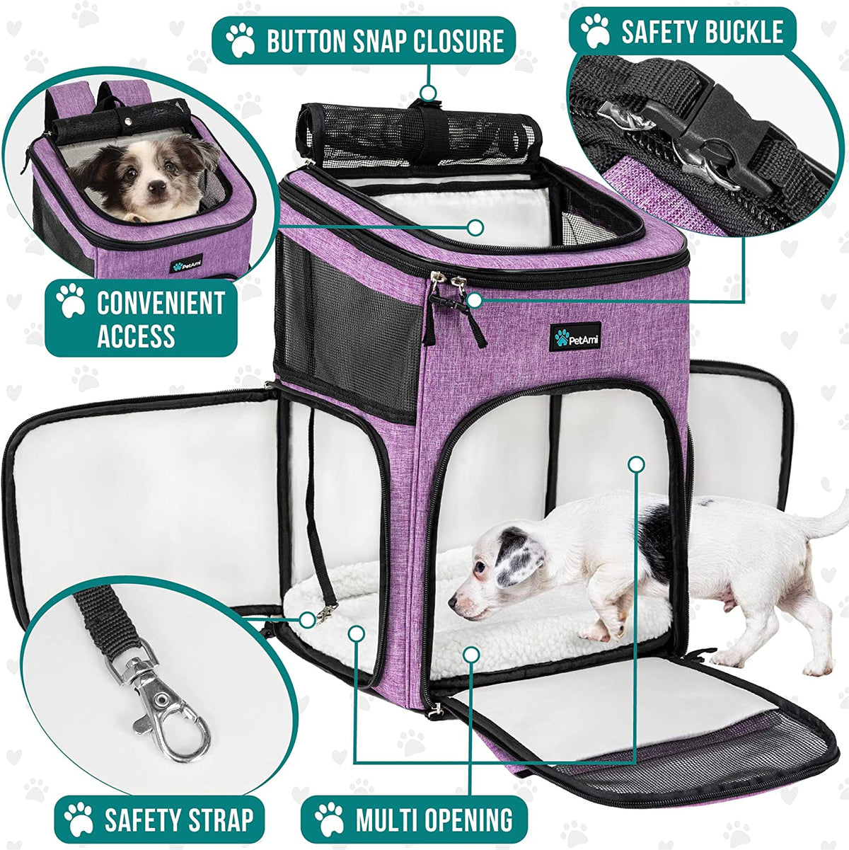 Purple pet backpack carrier - entry points and safety features