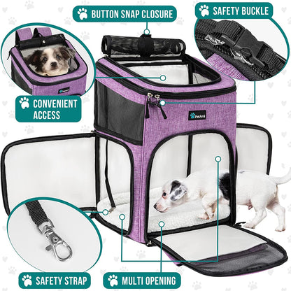 Purple pet backpack carrier - entry points and safety features