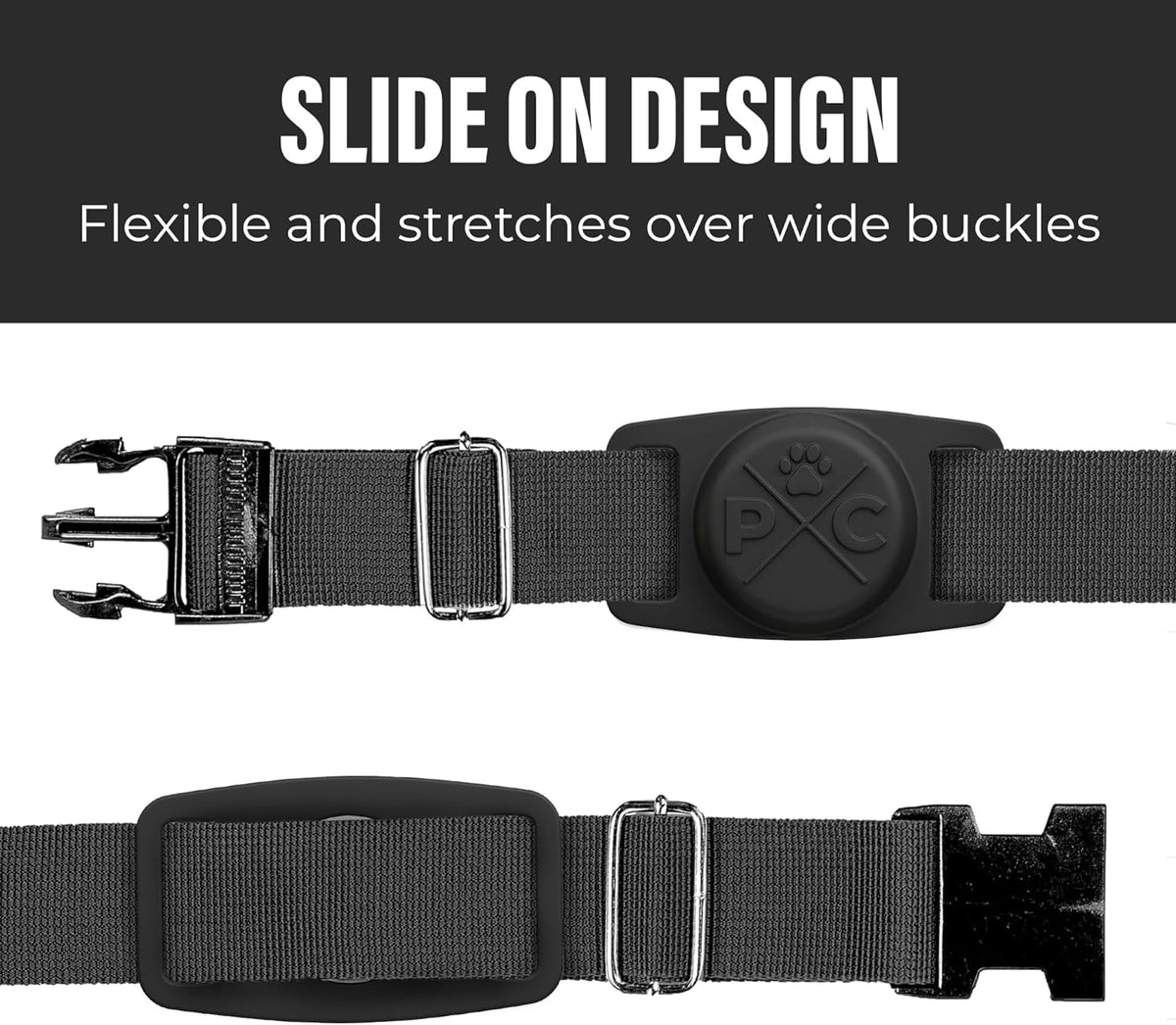 Black silicone AirTag holder on a dog collar, view 4 of 7