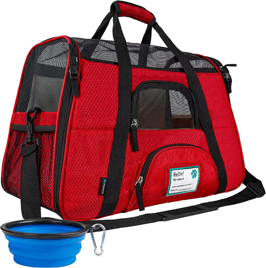 Red soft-sided travel pet carrier