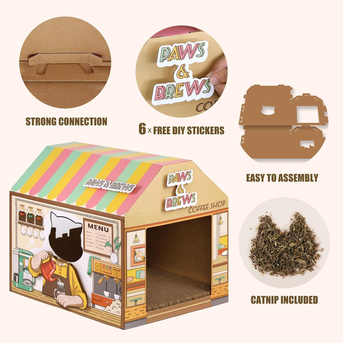 Coffee shop cardboard cat house with scratcher, view 4 of 7